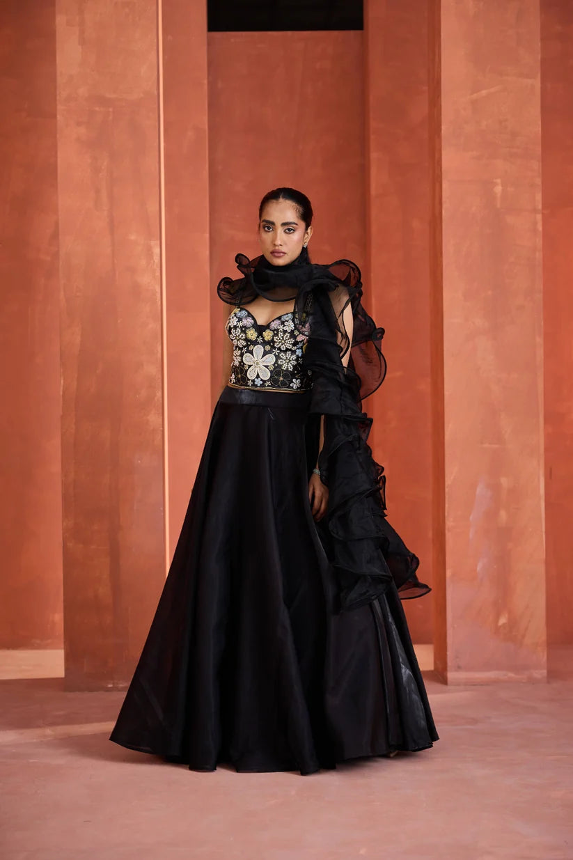 Black embroidered corset, lehnga set