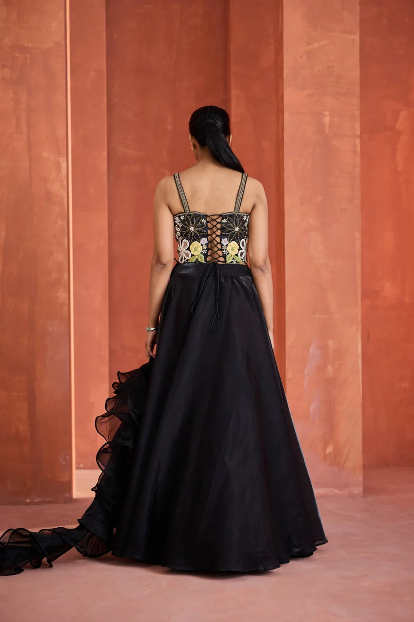 Black embroidered corset, lehnga set