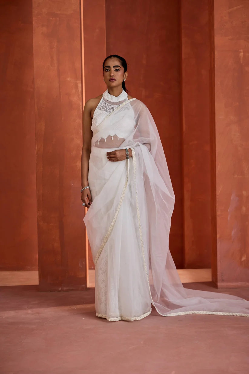 Ivory embroidered bustier, jacket, stitched mermaid saree