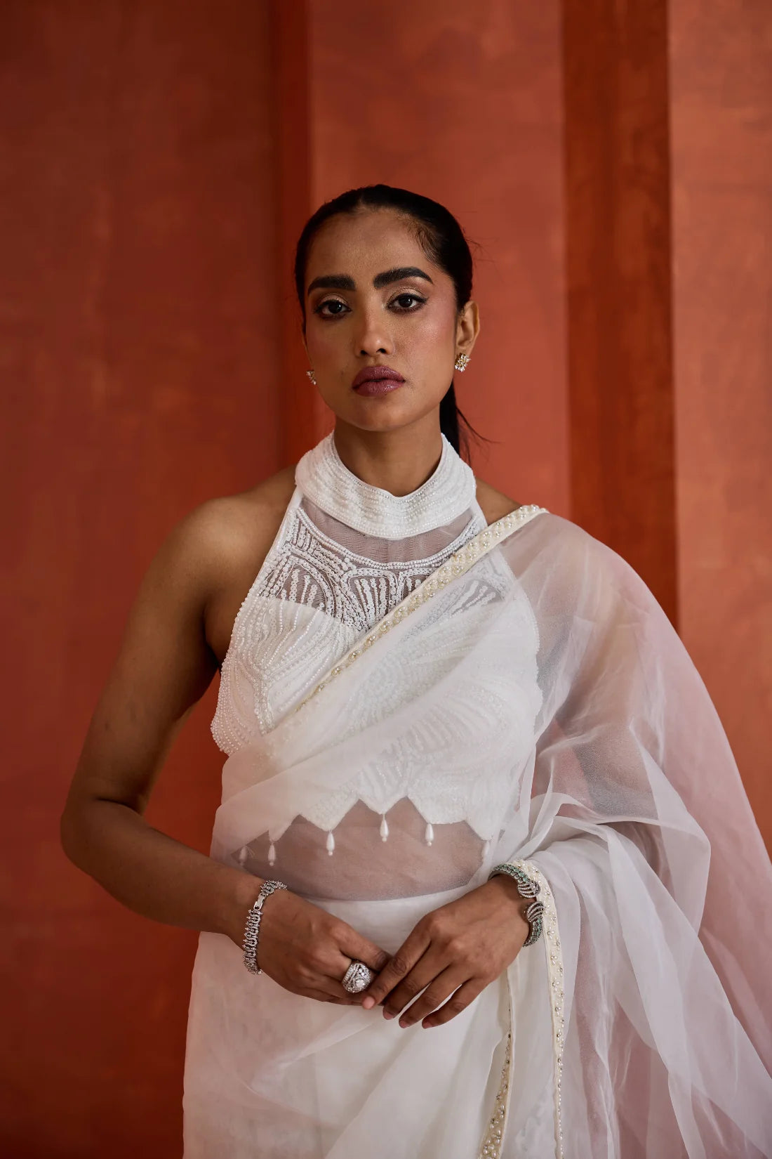 Ivory embroidered bustier, jacket, stitched mermaid saree