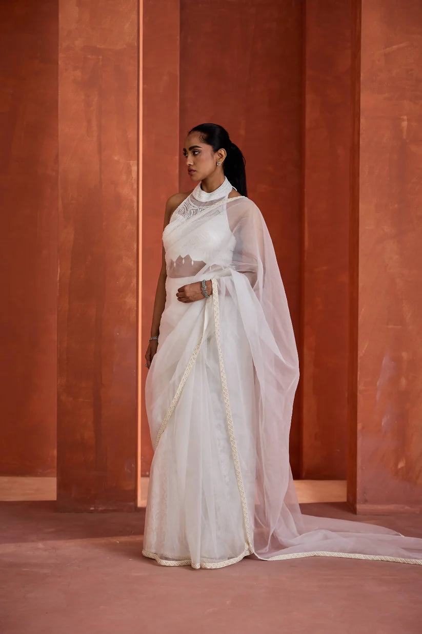 Ivory embroidered bustier, jacket, stitched mermaid saree