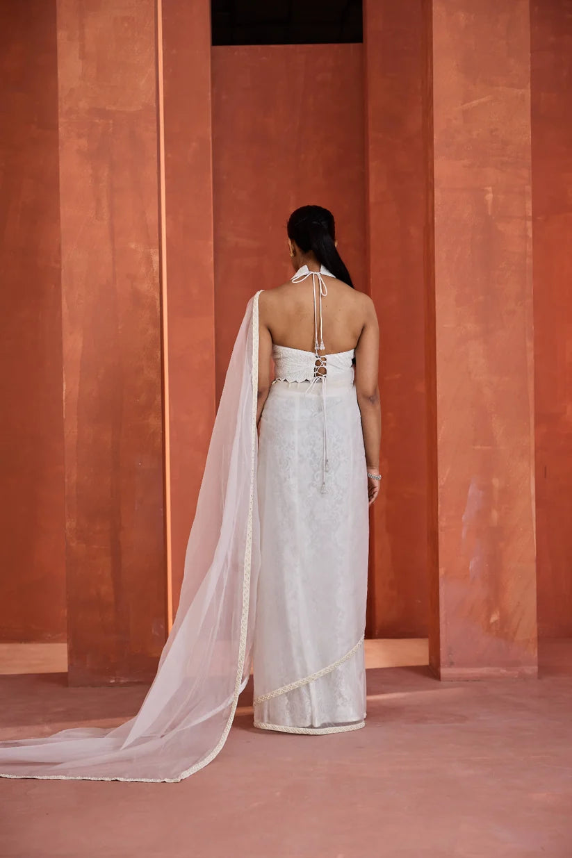 Ivory embroidered bustier, jacket, stitched mermaid saree
