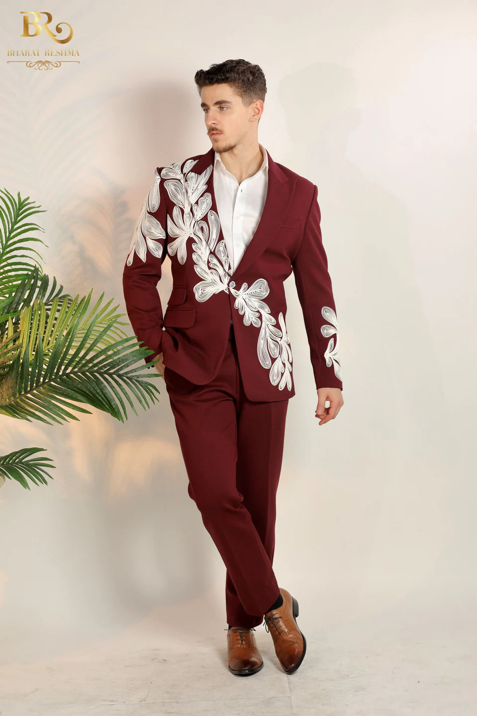 Maroon-Colored Suit With White Embroidery