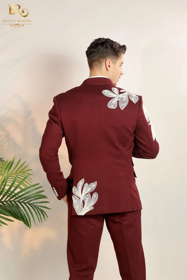 Maroon-Colored Suit With White Embroidery
