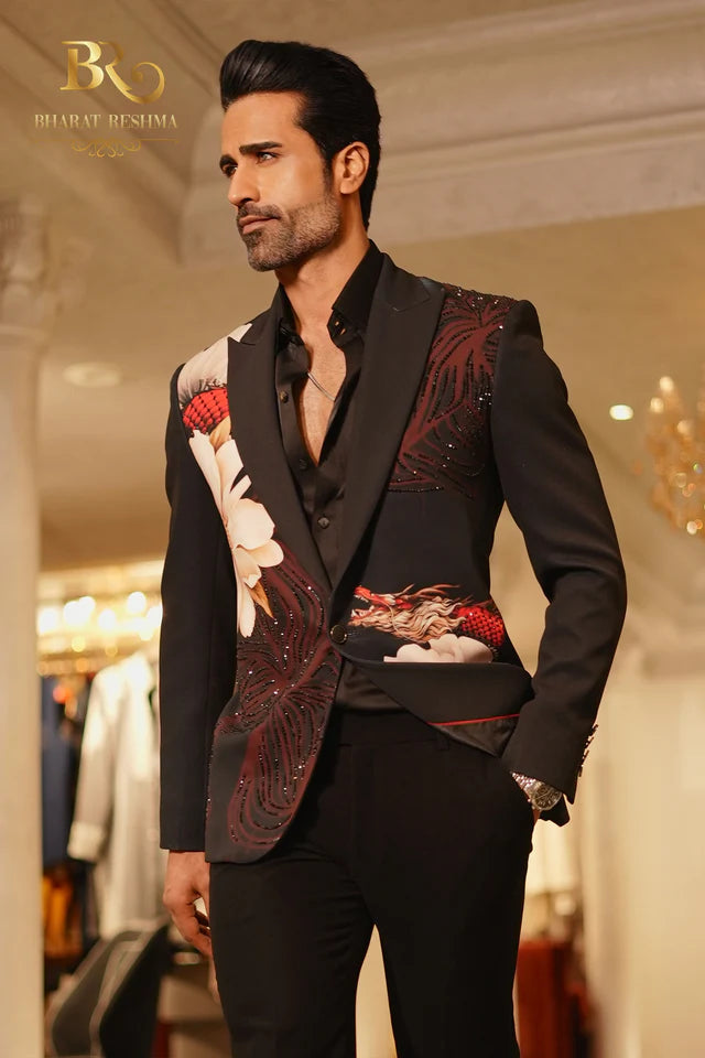 Men's Black Floral Printed Blazer