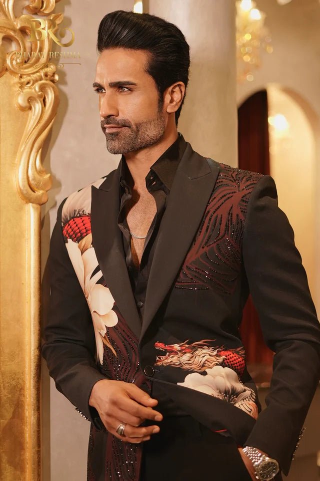 Men's Black Floral Printed Blazer Banu Designs Men's Black Floral Printed Blazer Banu Designs