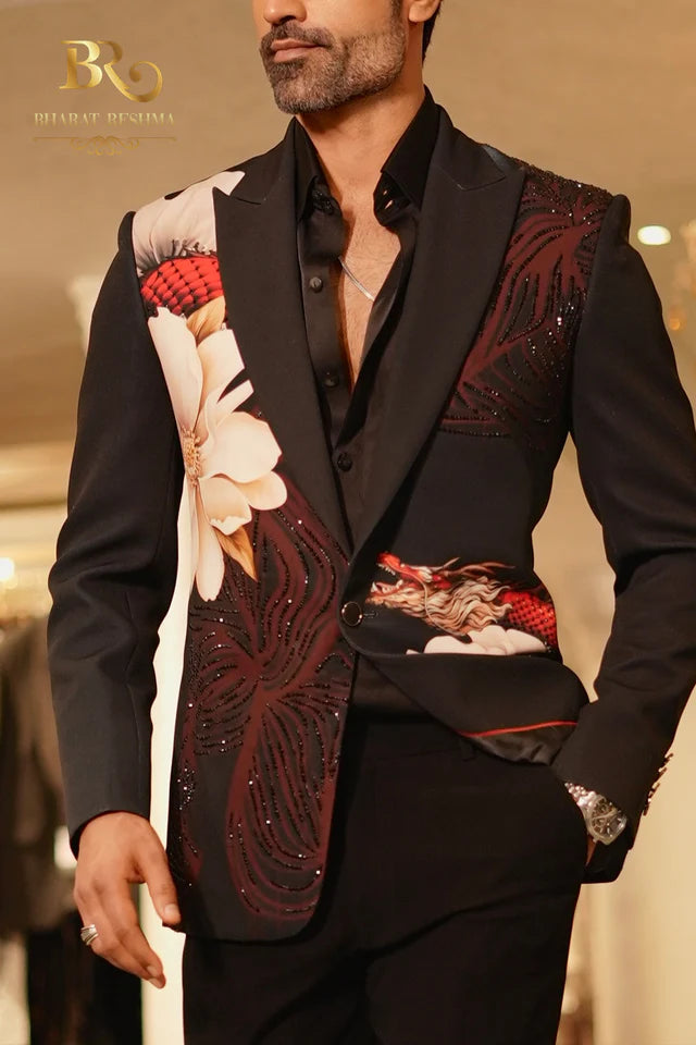 Men's Black Floral Printed Blazer