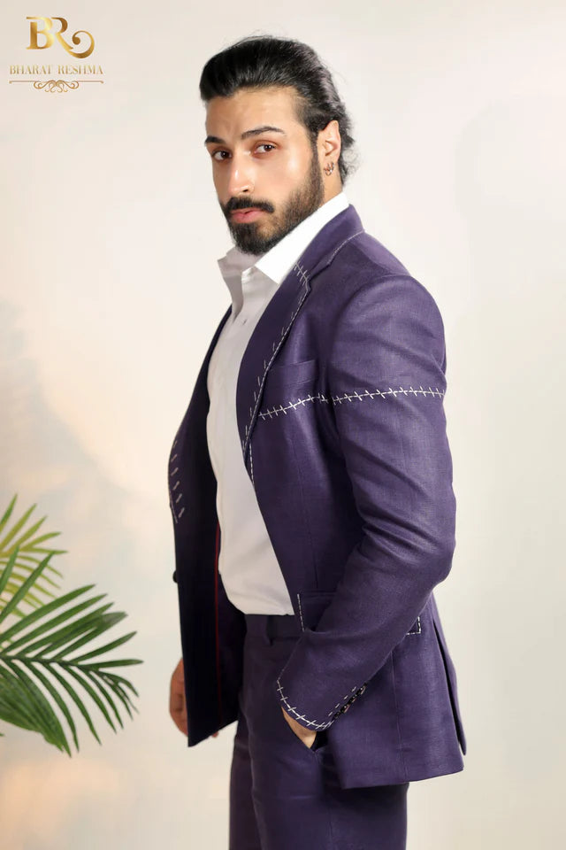 Purple Blazer With Decorative White Hand Hamming Work