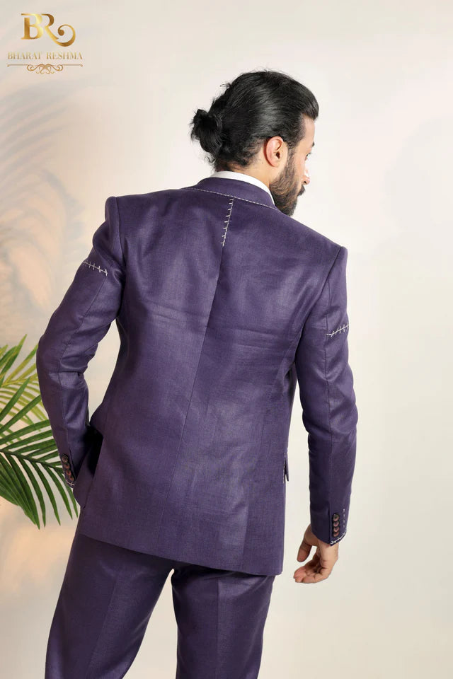 Purple Blazer With Decorative White Hand Hamming Work