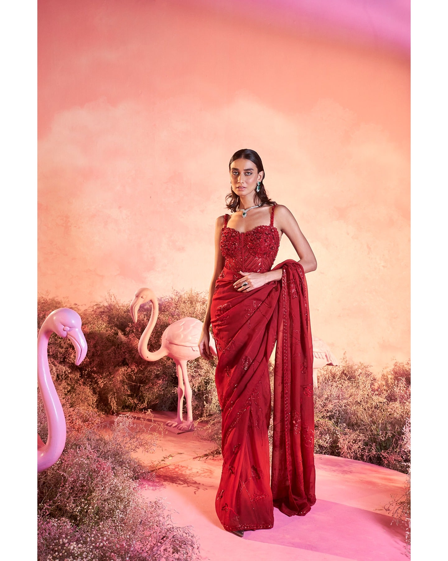 Crimson Chic: A vision in red, where hand-embroidery weaves a story of timeless elegance.