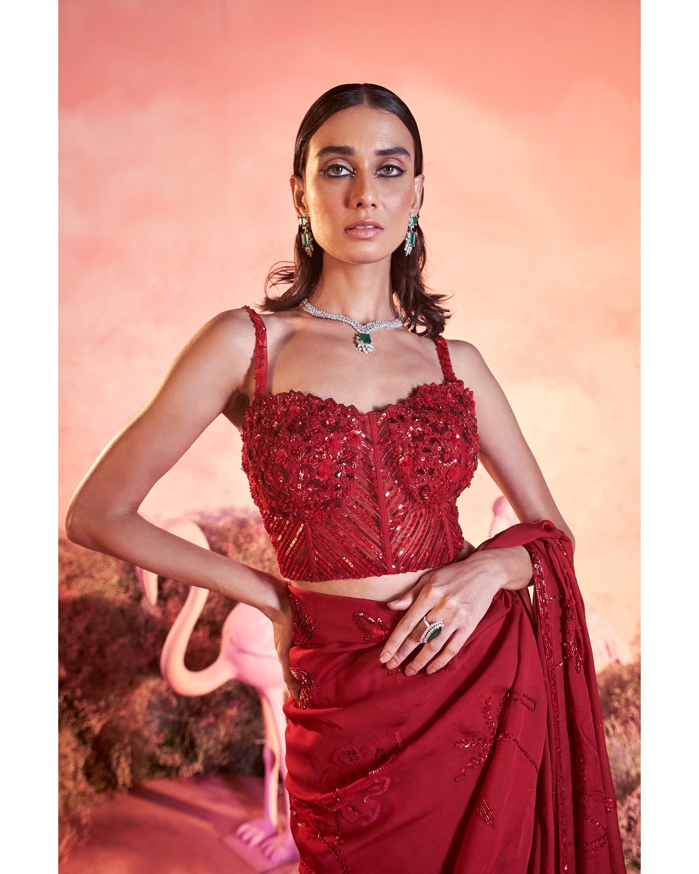 Crimson Chic: A vision in red, where hand-embroidery weaves a story of timeless elegance.