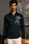 Black satin shirt crafted from cotton, showcasing an embroidered dragon with a unique zipper detail