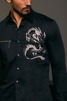 Cotton satin shirt in black, highlighted by an embroidered dragon and a zipper feature.