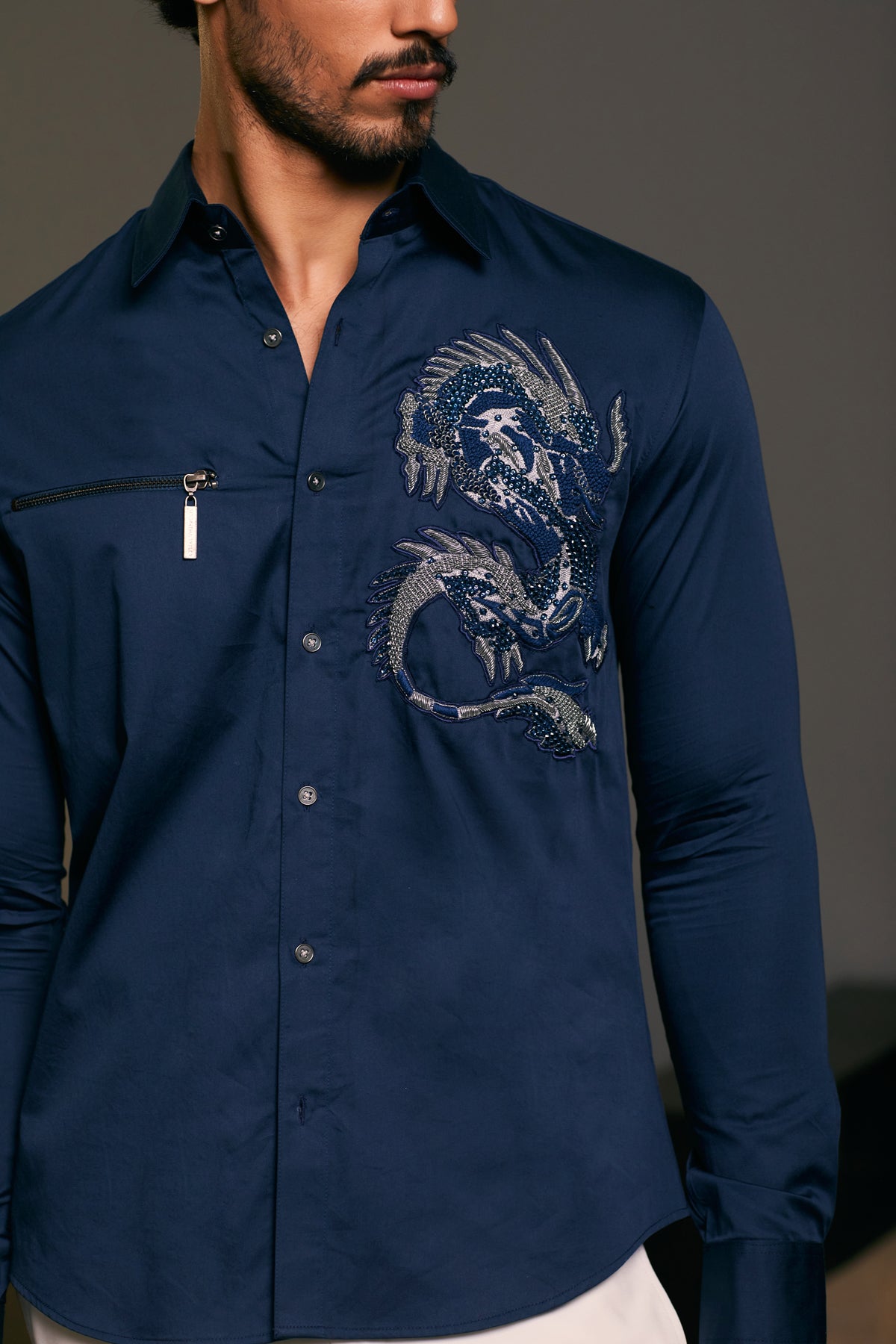 GOE Dragon shirt	NAVY BLUE Cotton satin shirt with embroidered dragon and zipper detail