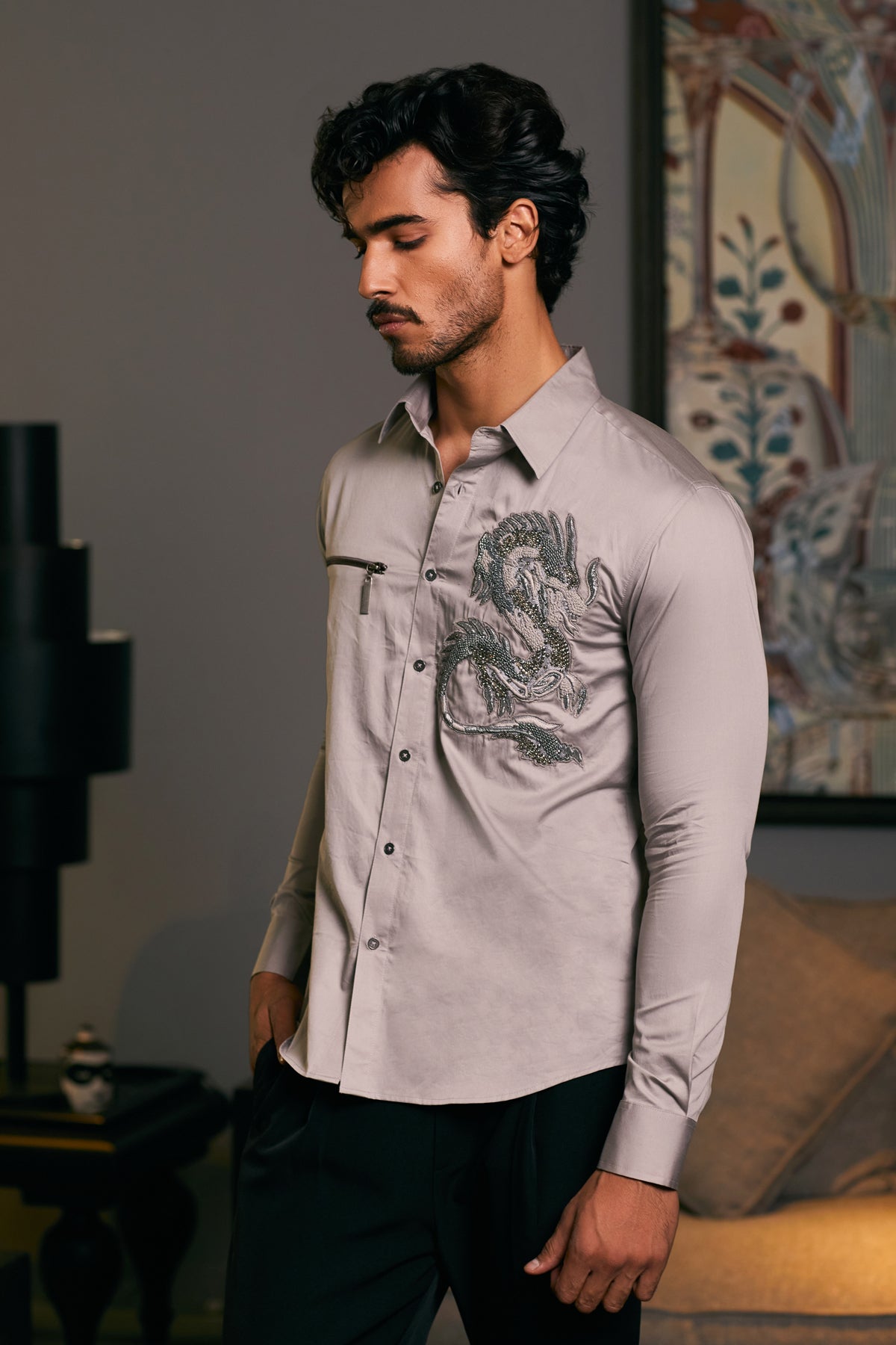 Steel-colored cotton satin shirt with a detailed embroidered dragon and zipper accent.