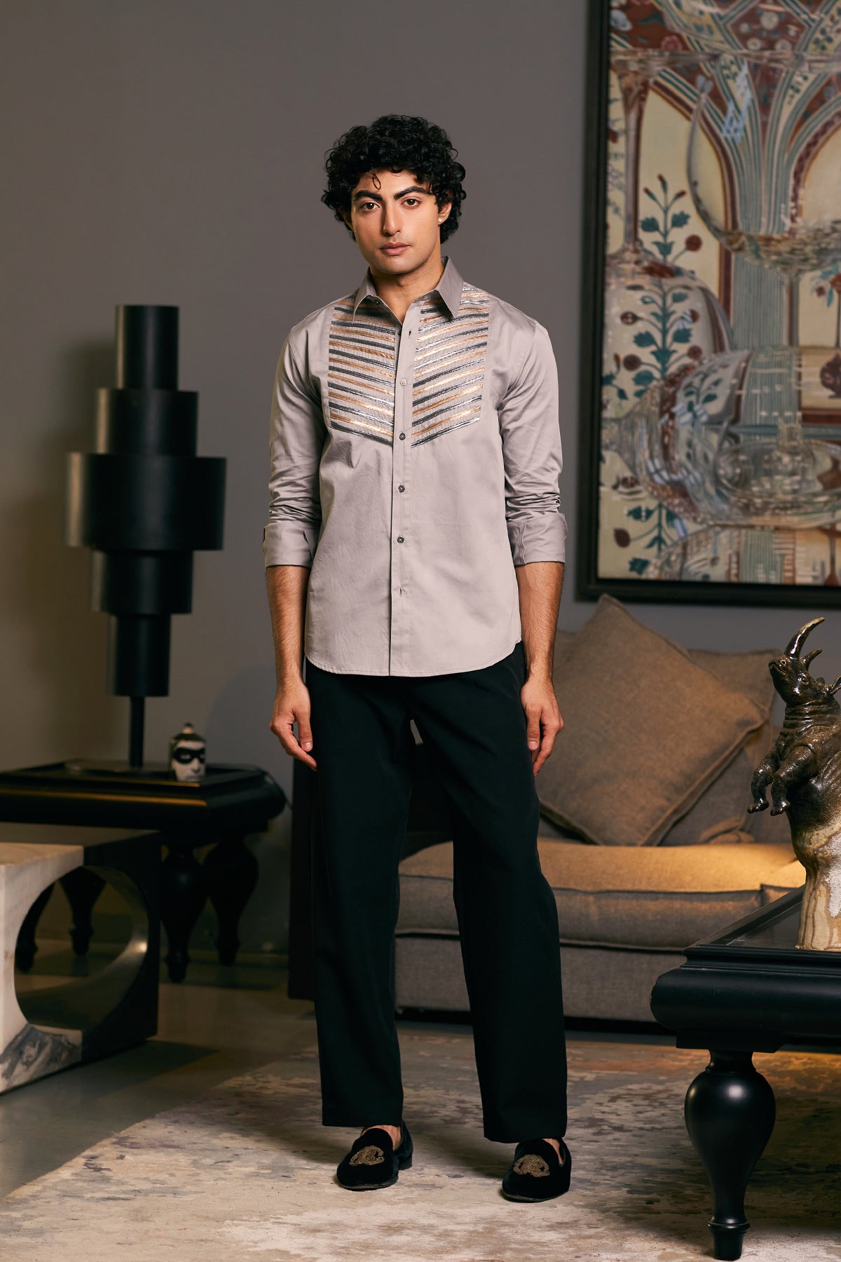 GOE Metallic Shirt in Steel: Cotton Satin Fabric with Metallic Strip Work on Yoke.