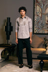 GOE Metallic Shirt in Steel: Cotton Satin Fabric with Metallic Strip Work on Yoke.