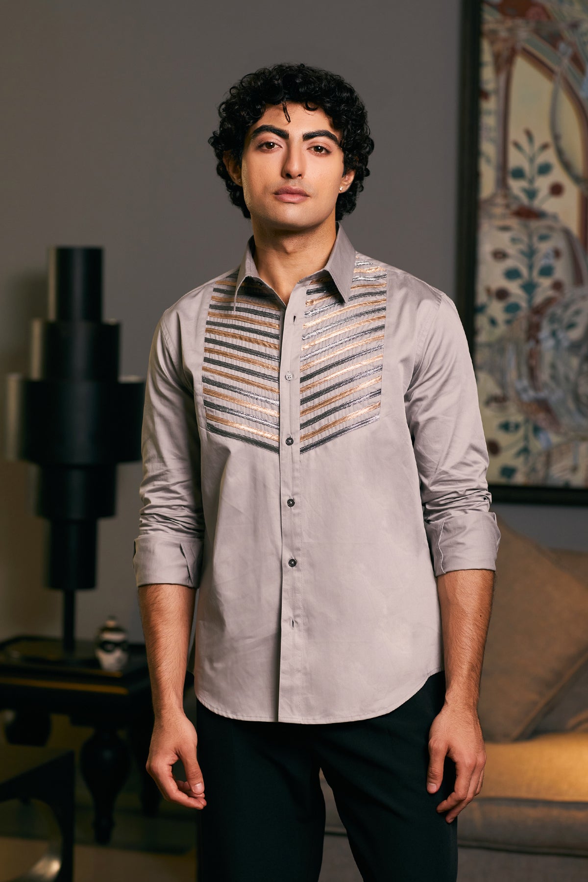 GOE Steel Cotton Satin Shirt with Metallic Strip Detailing on the Yoke.