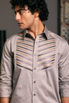 Steel Cotton Satin Metallic Shirt by GOE: Features Metallic Strip Work on Yok