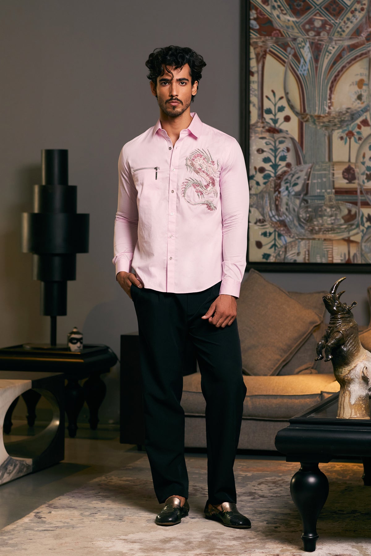  Bubblegum-colored cotton satin shirt with a detailed embroidered dragon and zipper accent.