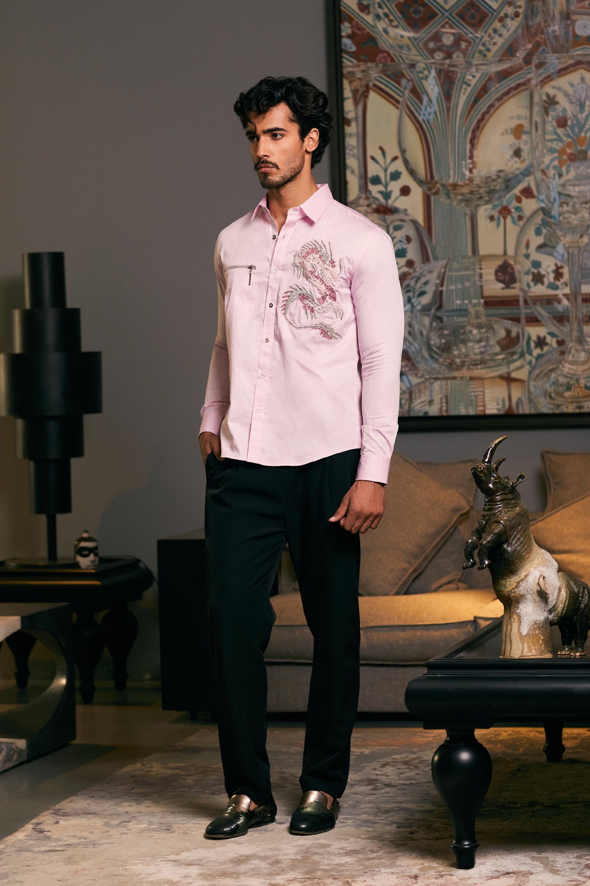 A cotton satin shirt in bubblegum, featuring a striking embroidered dragon and zipper details