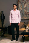 GOE Military Shirt in Bubblegum: Cotton Satin Fabric with Pintuck and Pocket Details.