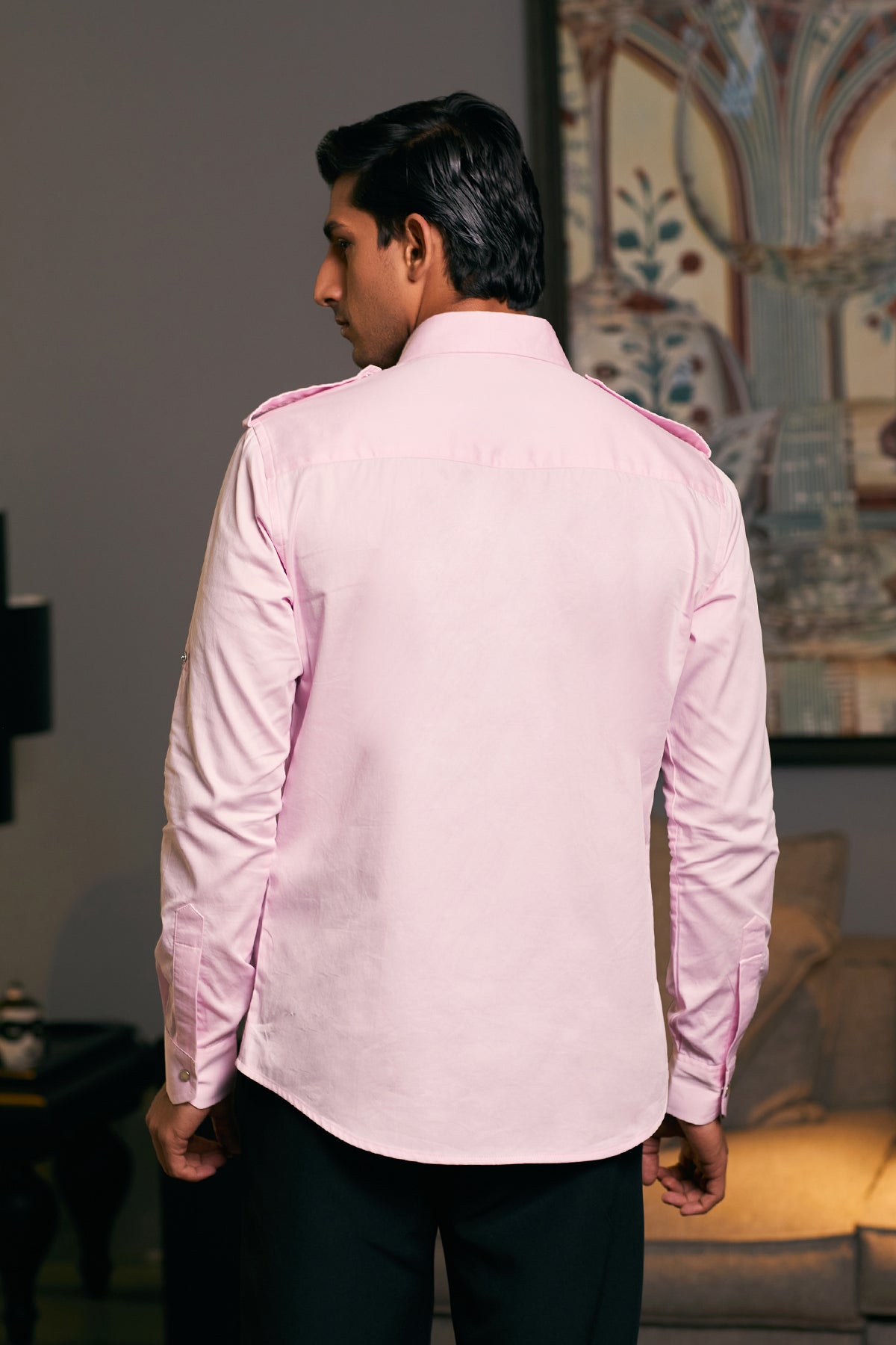 GOE Bubblegum-Colored Cotton Satin Military Shirt with Pintuck and Pocket Accents.