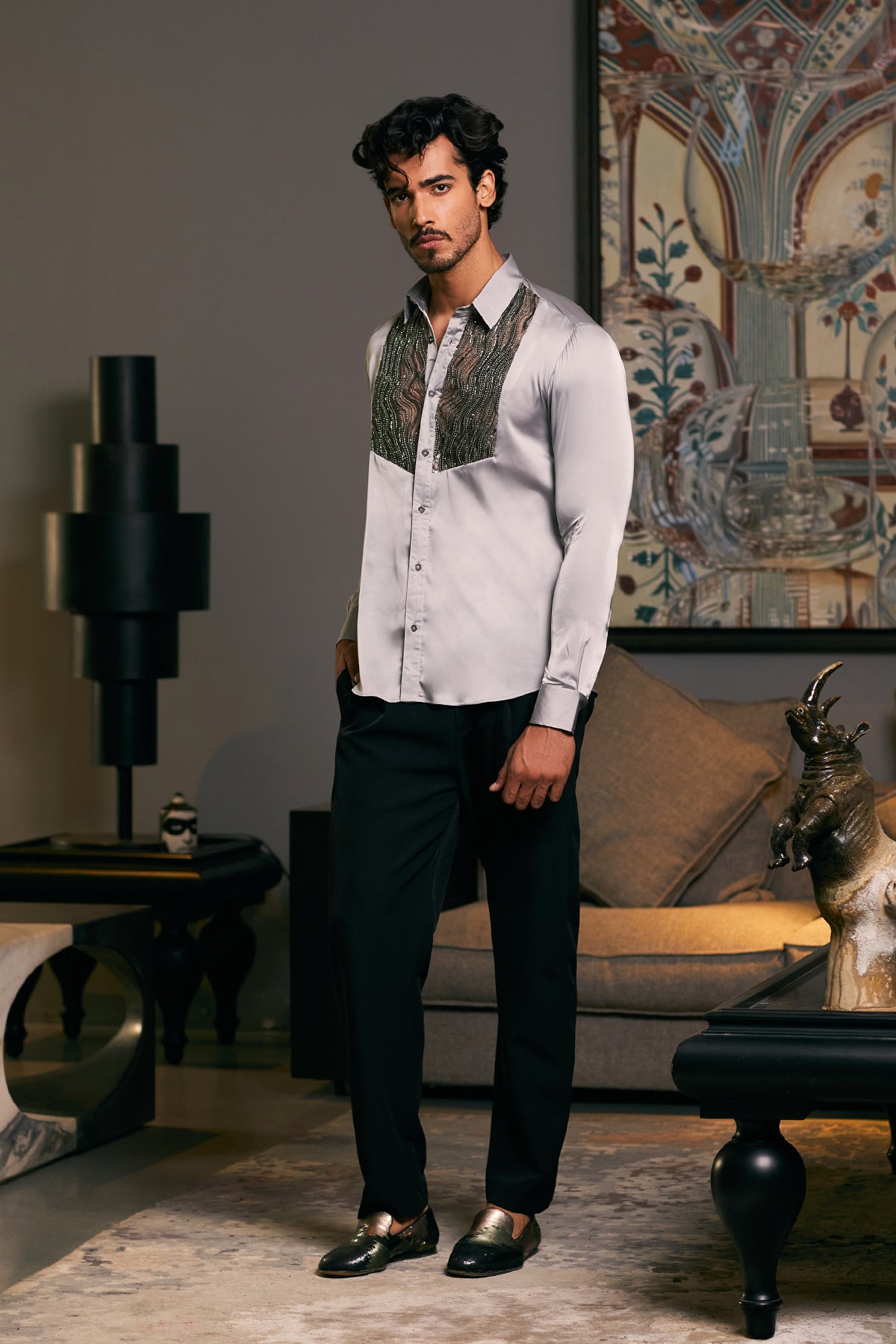 OE Drip Panel Shirt in Steel: Lycra Satin Fabric with Embroidered Dripping Tuxedo Panel.