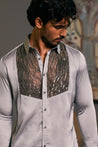 GOE Steel Lycra Satin Shirt Featuring an Embroidered Dripping Tuxedo Panel