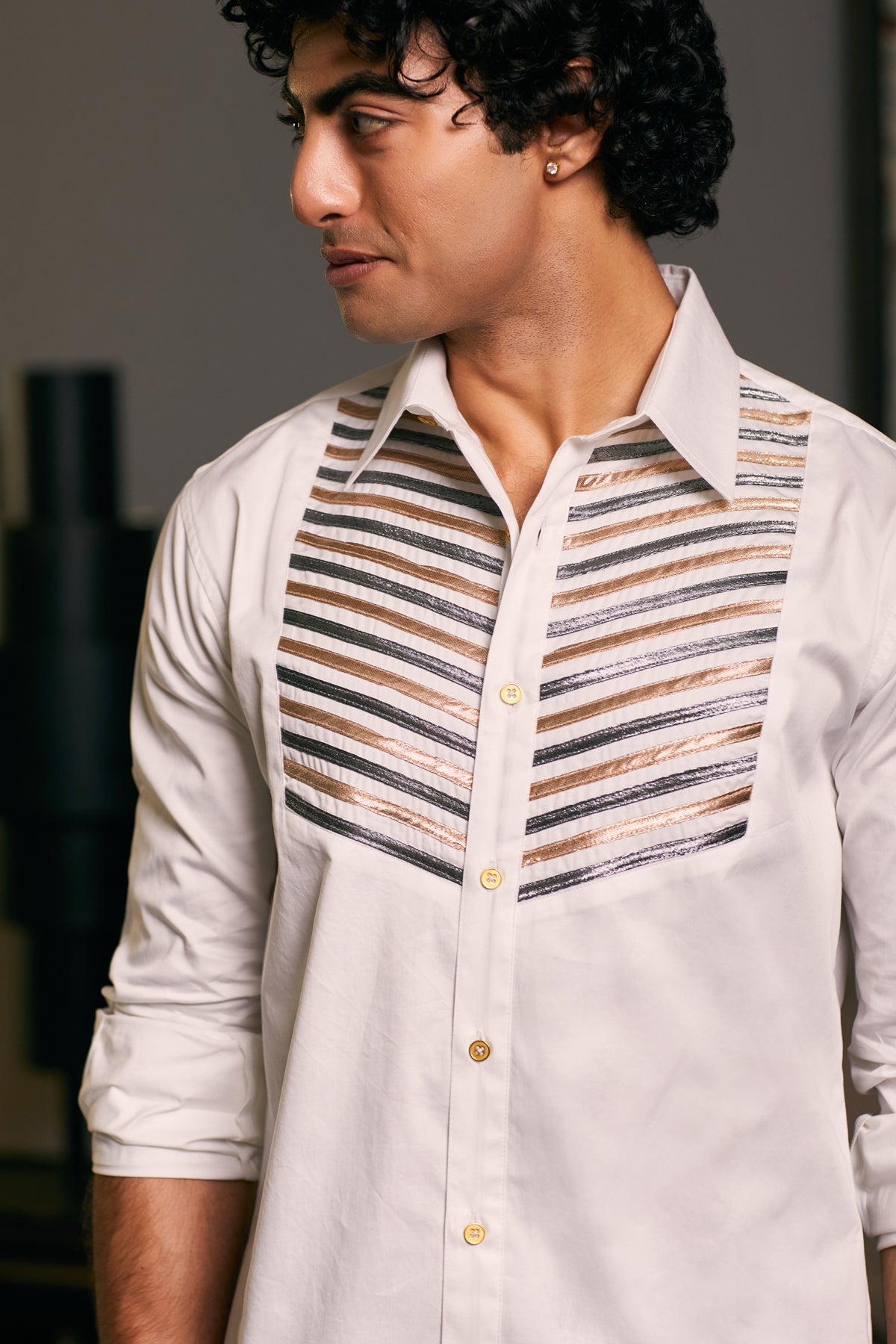 GOE Ivory Cotton Satin Shirt with Metallic Strip Detailing on the Yoke.
