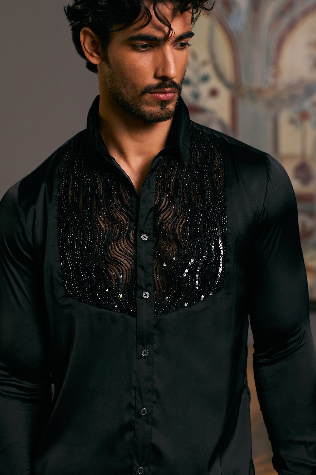 GOE Drip Yoke Shirt in Black: Lycra Satin Fabric with Embroidered Dripping Tuxedo Yoke.