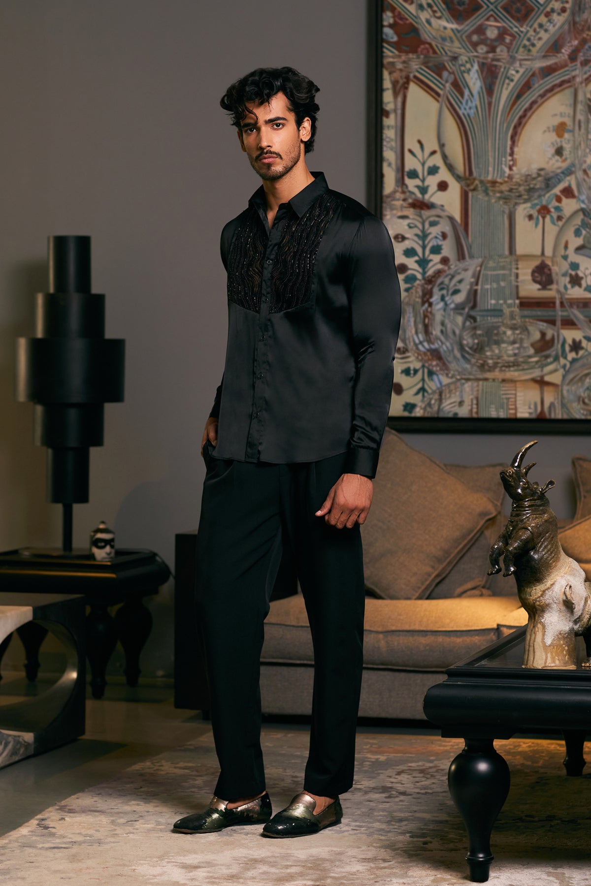 GOE Black Lycra Satin Shirt Featuring an Embroidered Dripping Tuxedo Yoke.