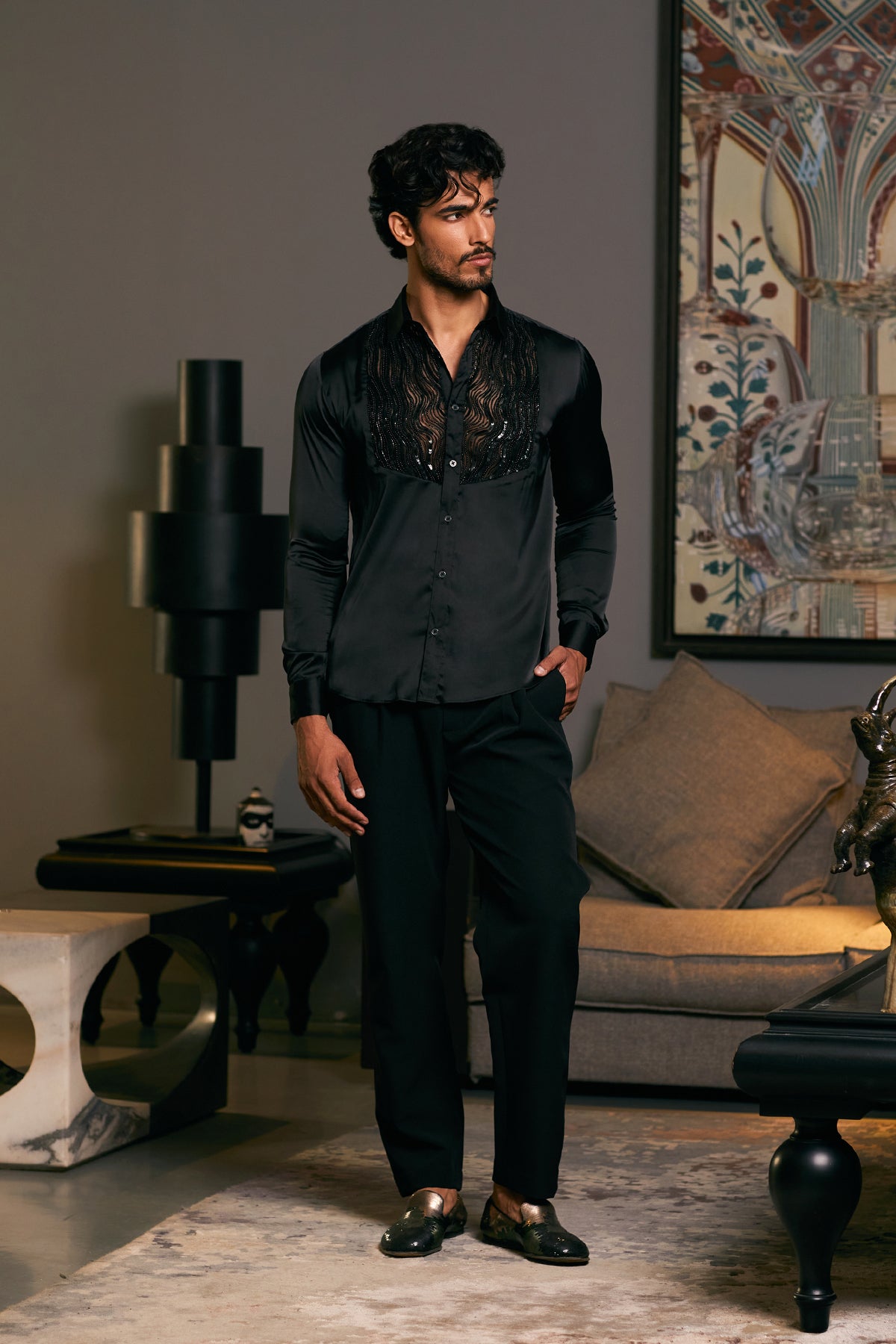 Black Lycra Satin Drip Yoke Shirt by GOE: Embroidered Dripping Tuxedo Detail.