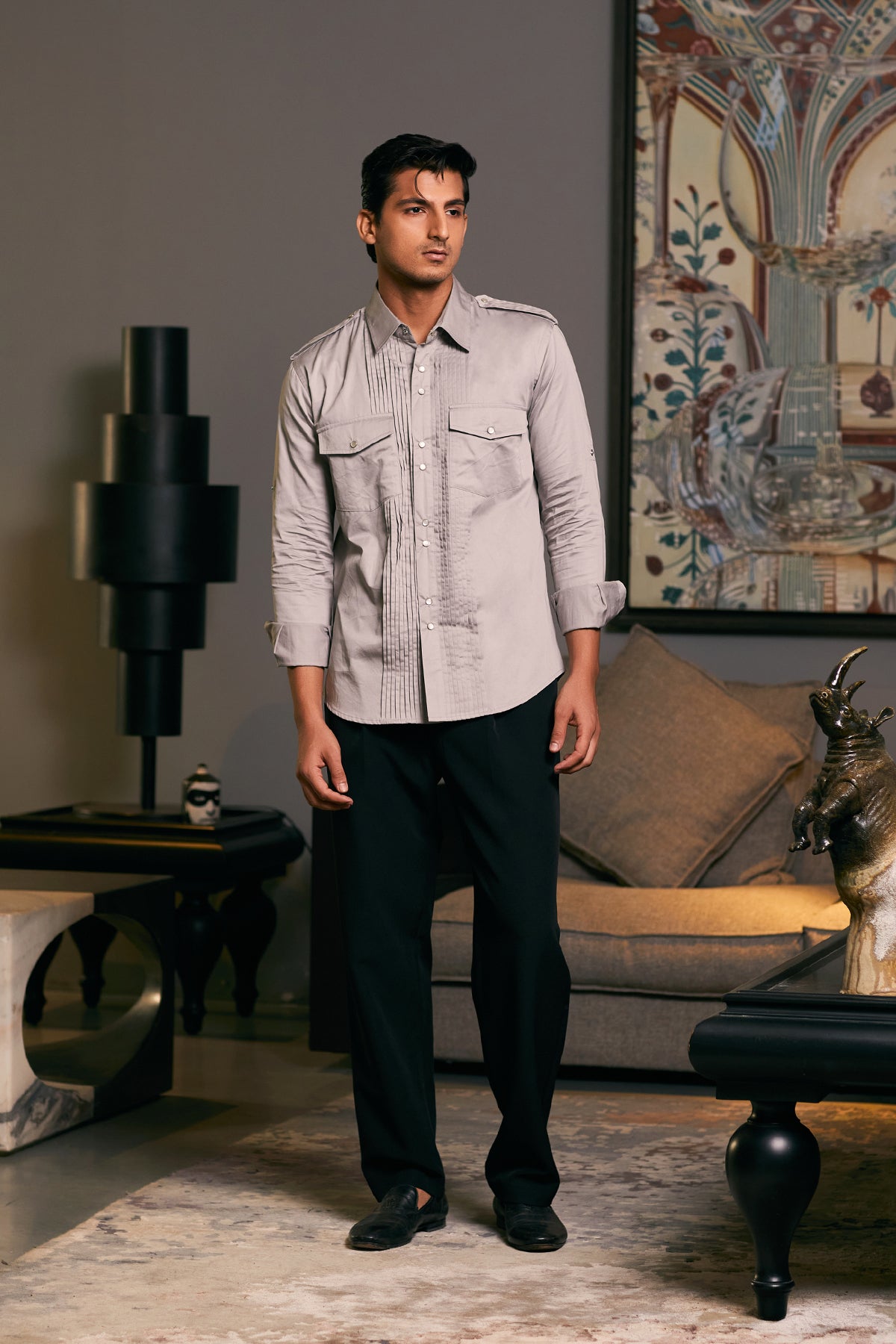 GOE Military-Inspired Shirt in Steel: Cotton Satin with Pintucks and Pockets.