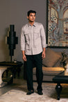 GOE Military-Inspired Shirt in Steel: Cotton Satin with Pintucks and Pockets.