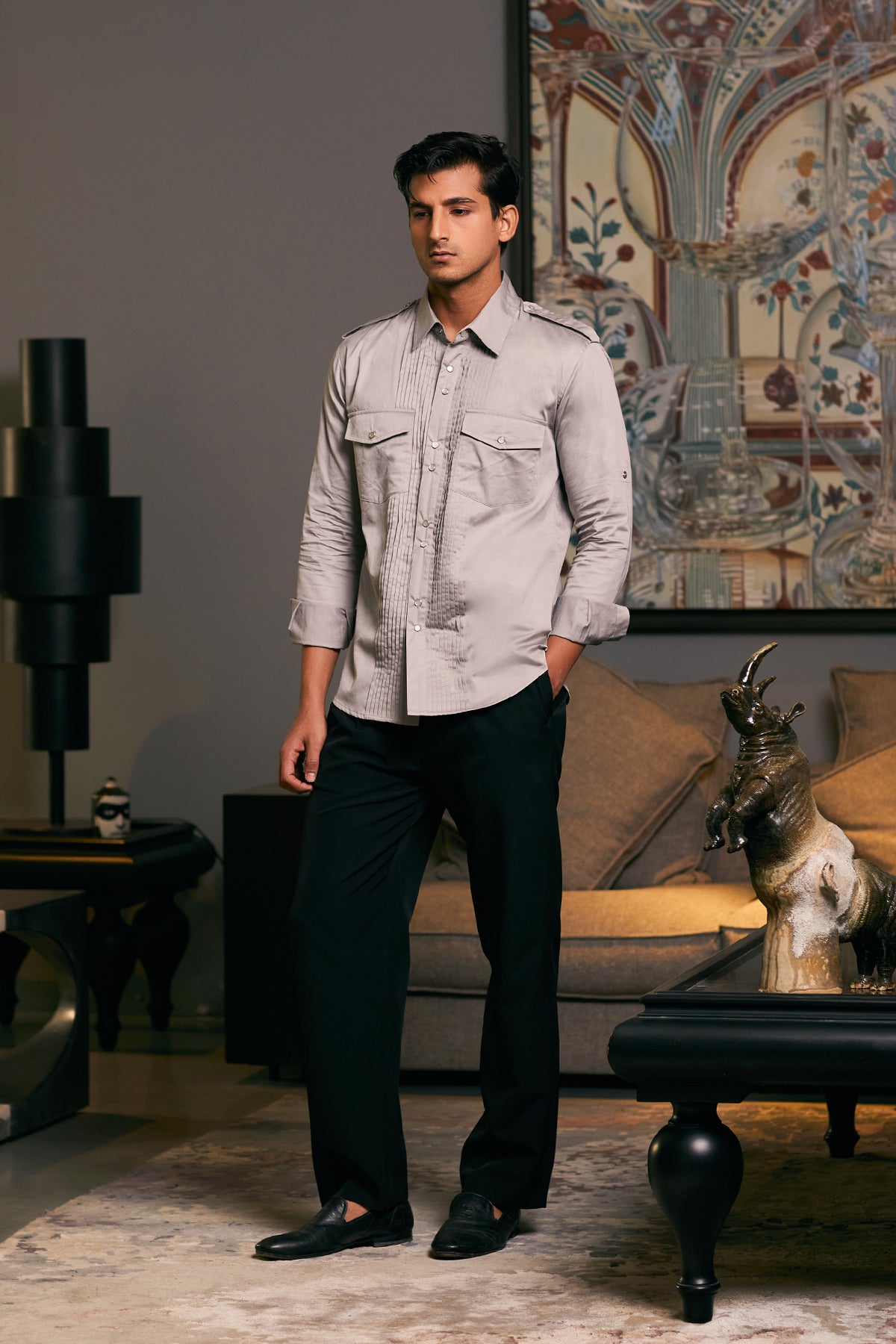 GOE Steel-Colored Cotton Satin Military Shirt with Pintucks and Pocket Accents.