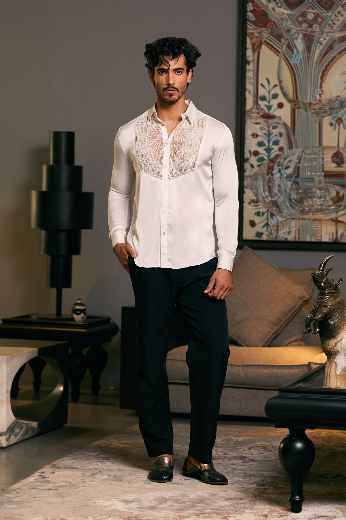 GOE Drip Yoke Shirt in Ivory: Lycra Satin Fabric with Embroidered Dripping Tuxedo Yoke