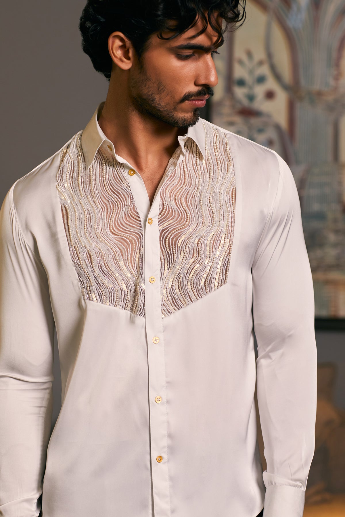 GOE Ivory Lycra Satin Shirt Featuring an Embroidered Dripping Tuxedo Yoke.