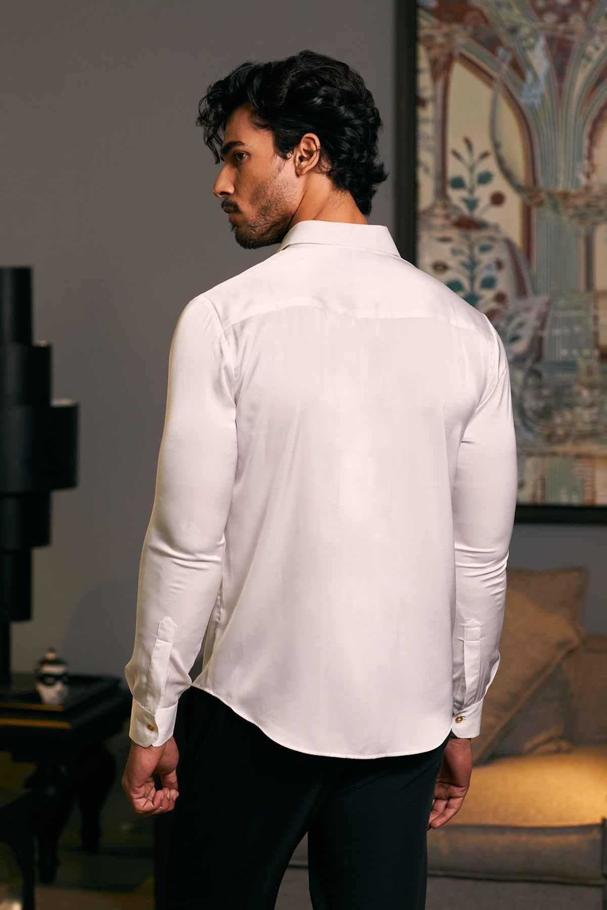 Ivory Lycra Satin Drip Yoke Shirt by GOE: Embroidered Dripping Tuxedo Detail.