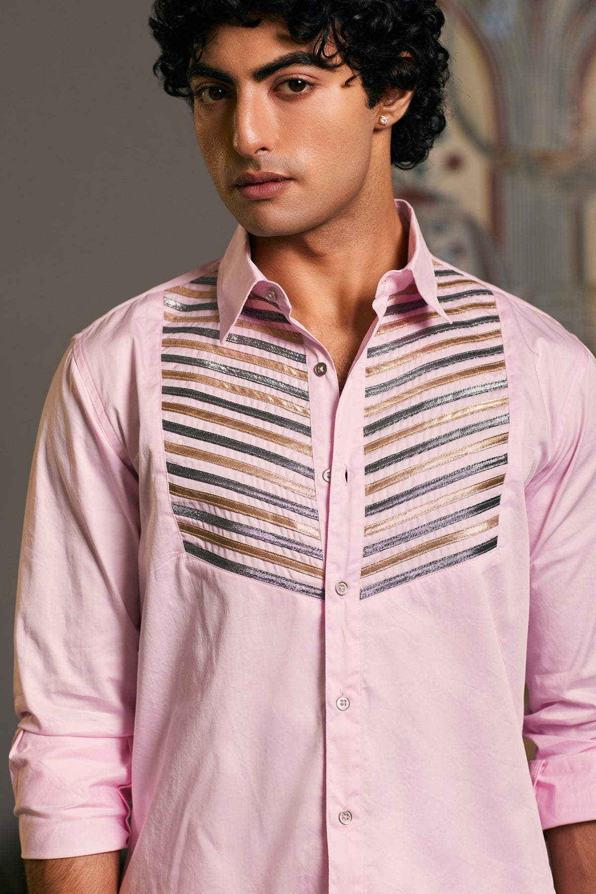 GOE Metallic Shirt in Bubblegum: Cotton Satin Fabric with Metallic Strip Work on Yoke