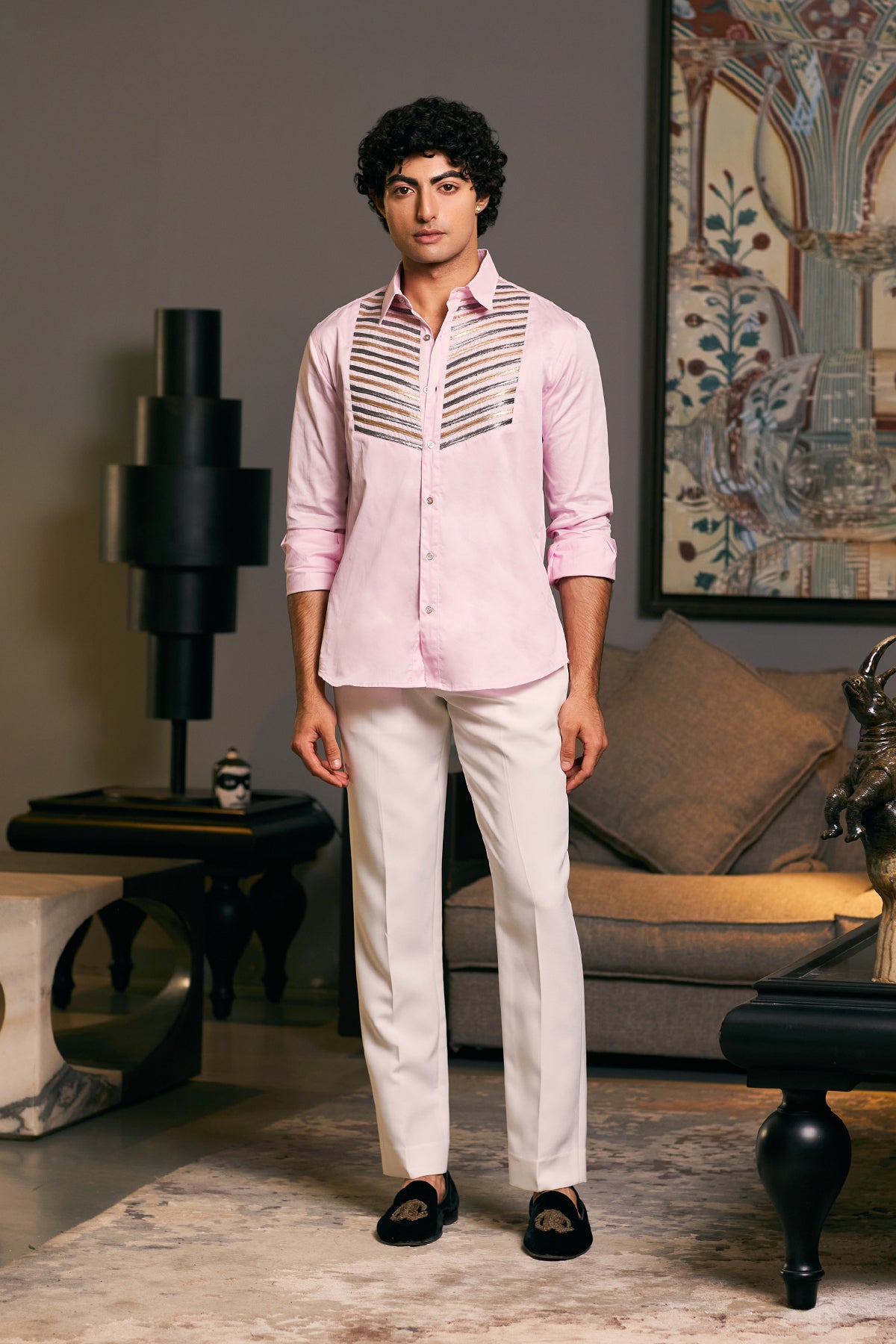 Bubblegum Cotton Satin Metallic Shirt by GOE: Features Metallic Strip Work on Yoke.