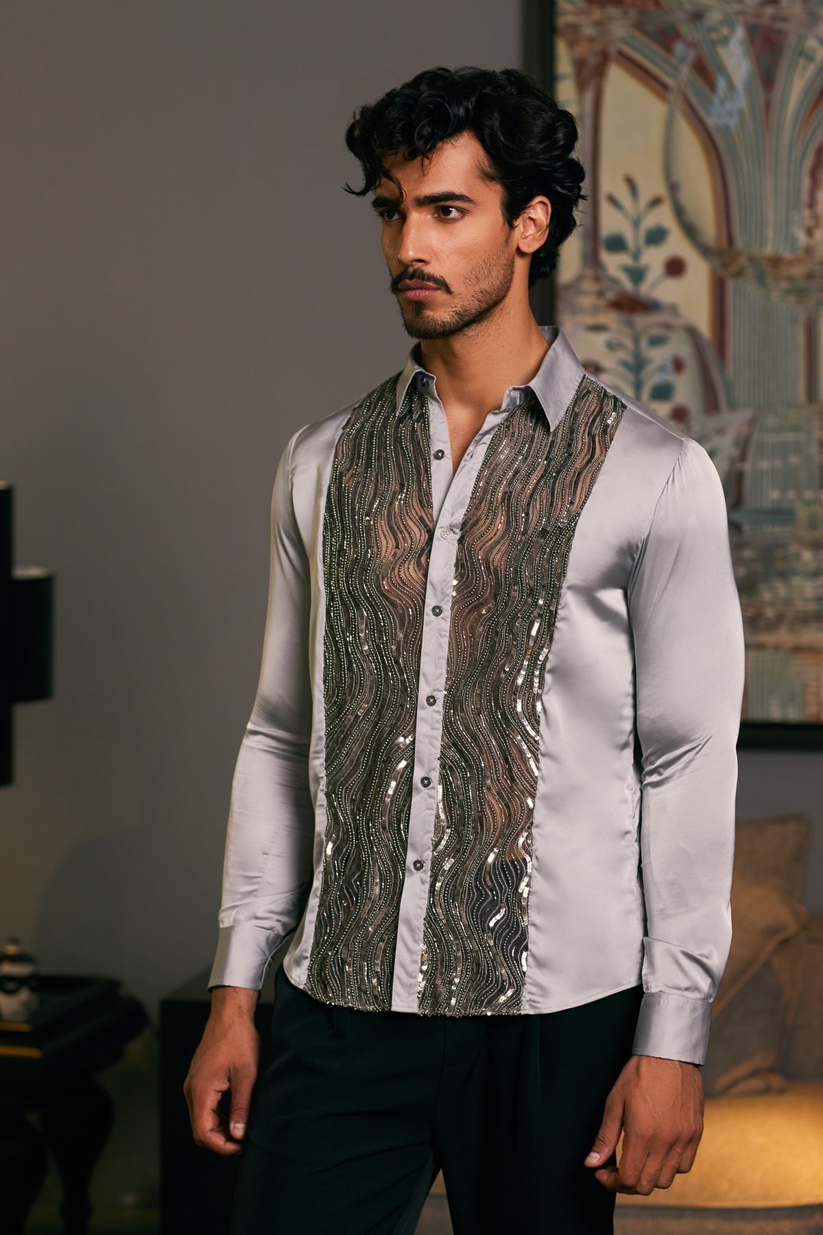 GOE Steel Lycra Satin Shirt Featuring an Embroidered Dripping Tuxedo Panel.