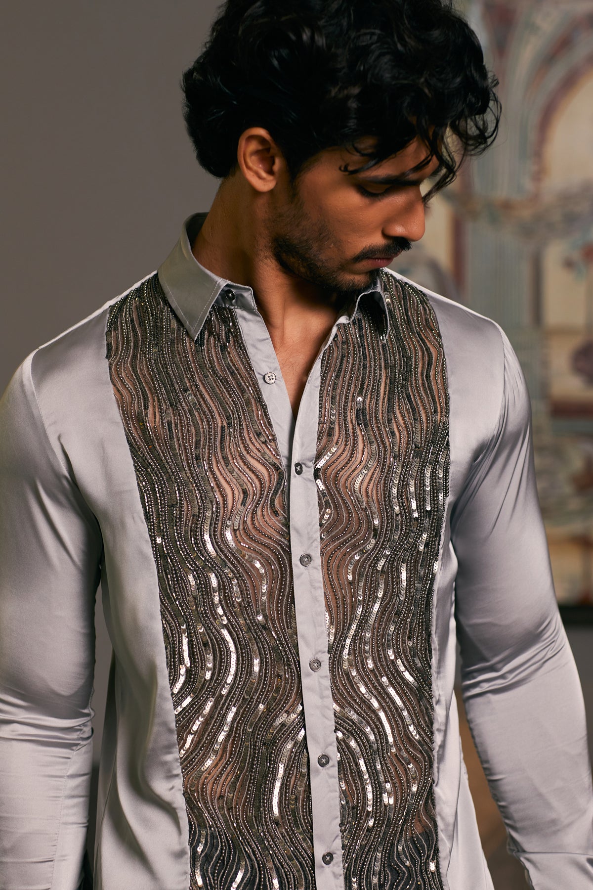 GOE Steel Shirt with Dripping Tuxedo Panel: Lycra Satin Fabric with Embroidery.