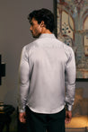 Steel Lycra Satin Drip Panel Shirt by GOE: Embroidered Dripping Tuxedo Detail.