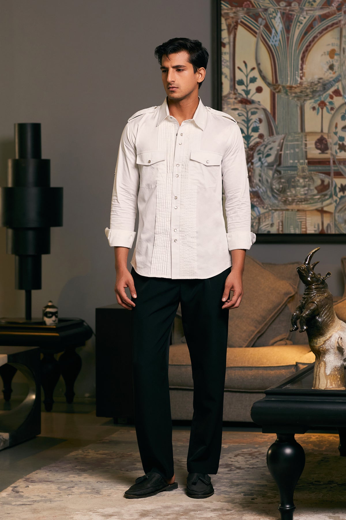 GOE Military Shirt in Ivory: Cotton Satin Fabric with Pintuck and Pocket Details