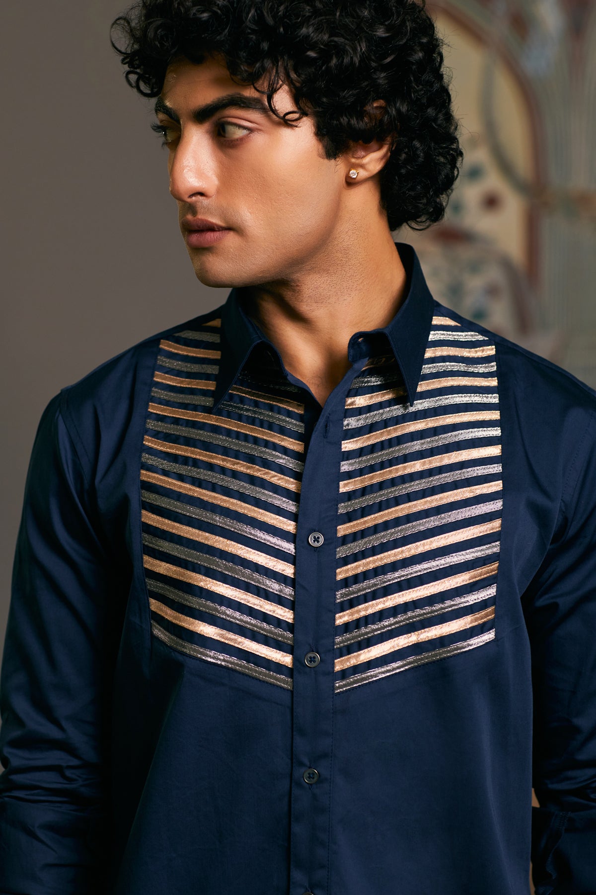 Navy Blue Cotton Satin Metallic Shirt by GOE: Features Metallic Strip Work on Yoke.