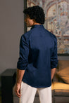 Navy Blue Cotton Satin Metallic Shirt by GOE: Features Metallic Strip Work on Yoke.