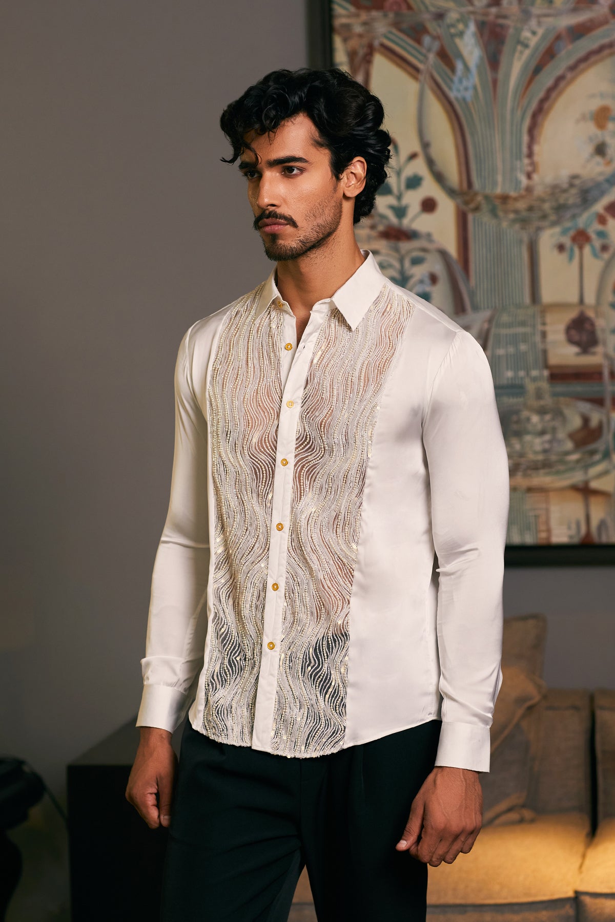 GOE Drip Panel Shirt in Ivory: Lycra Satin Fabric with Embroidered Dripping Tuxedo Panel