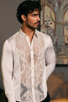 GOE Ivory Shirt with Dripping Tuxedo Panel: Lycra Satin Fabric with Embroidery.