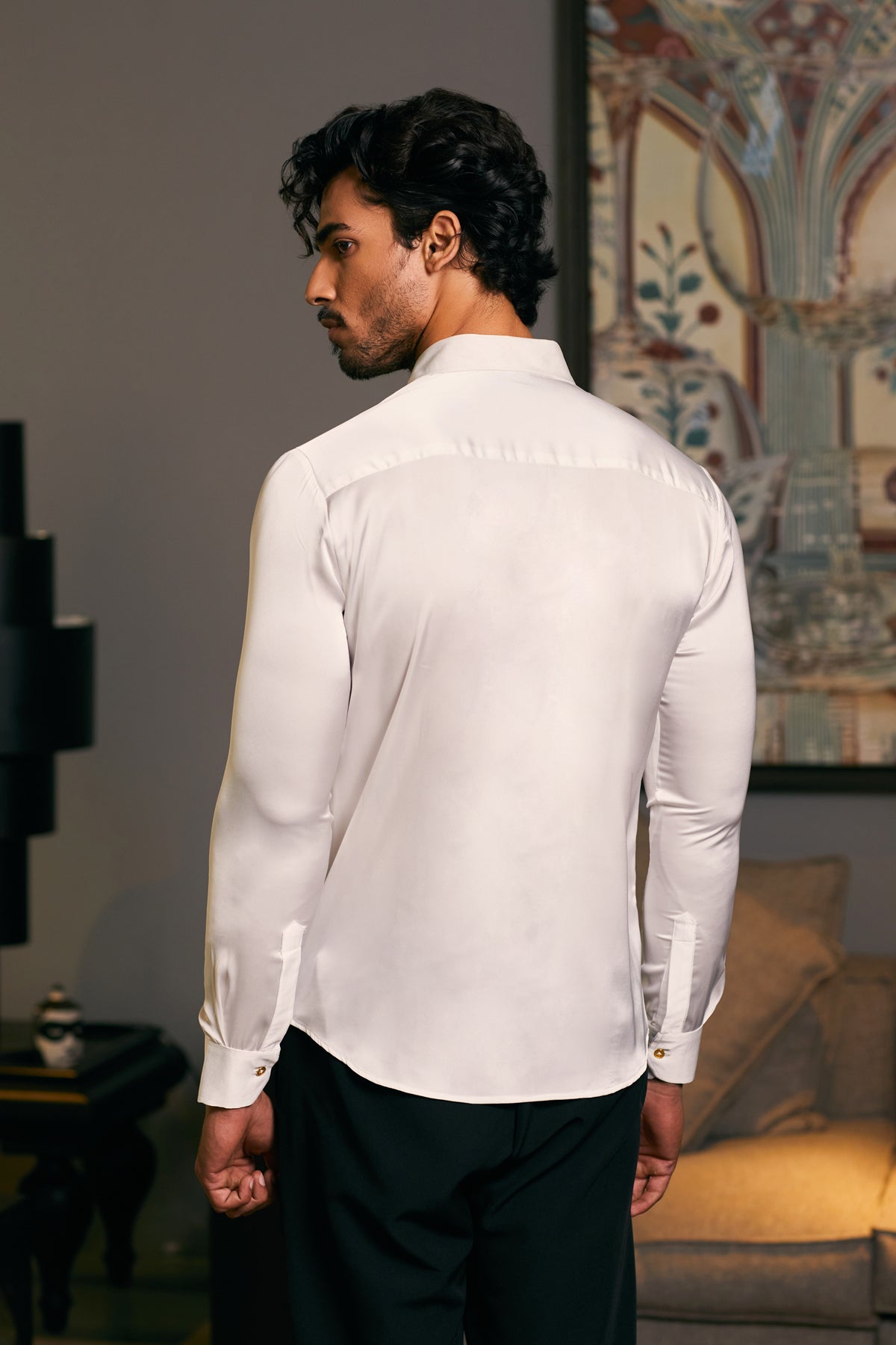 GOE Ivory Lycra Satin Shirt Featuring an Embroidered Dripping Tuxedo Panel.